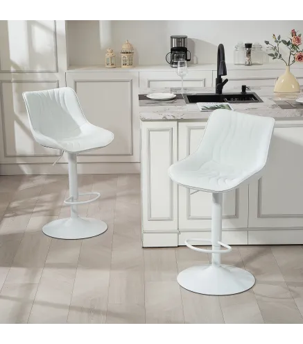 Juego de 2 Taburetes de Bar con Altura Ajustable Respaldo Asiento de Piel Sintética Marco de Acero y Reposapiés Blanco