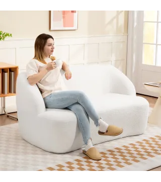 Sofá de 2 Plazas Tapizado en Borreguito de 142 cm con Diseño Curvo Acolchado Grueso No Requiere Montaje Crema