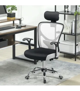Silla de Escritorio Giratoria con Altura Ajustable Respaldo Reclinable Reposacabezas Regulable y Soporte Lumbar Gris