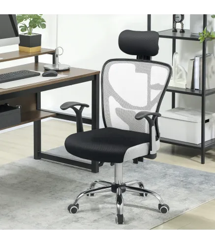 Silla de Escritorio Giratoria con Altura Ajustable Respaldo Reclinable Reposacabezas Regulable y Soporte Lumbar Gris