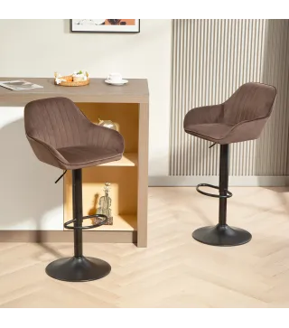 Juego de 2 Taburetes de Bar Giratorios Altura Ajustable 62-83 cm Tapizada en Terciopelo Respaldo y Reposapiés Marrón