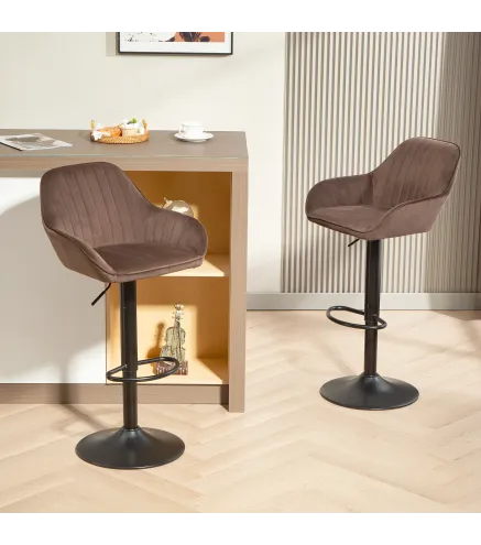 Juego de 2 Taburetes de Bar Giratorios Altura Ajustable 62-83 cm Tapizada en Terciopelo Respaldo y Reposapiés Marrón