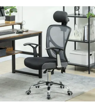 Silla de Escritorio Giratoria con Altura Ajustable Respaldo Reclinable Reposacabezas Regulable y Soporte Lumbar Gris Osc