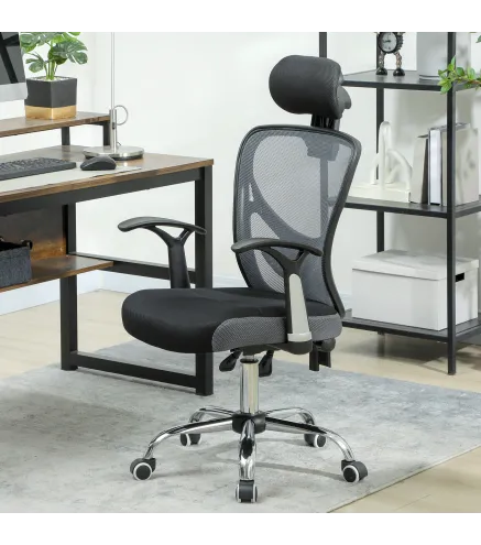Silla de Escritorio Giratoria con Altura Ajustable Respaldo Reclinable Reposacabezas Regulable y Soporte Lumbar Gris Osc