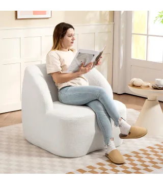 Sillón de Lectura Tapizado en Borreguito Diseño Curvo Acolchado Grueso No Requiere Montaje Crema