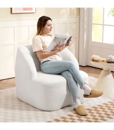 Sillón de Lectura Tapizado en Borreguito Diseño Curvo Acolchado Grueso No Requiere Montaje Crema