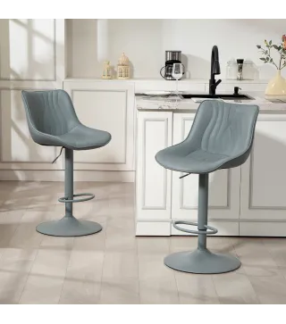 Juego de 2 Taburetes de Bar con Altura Ajustable Respaldo Asiento de Piel Sintética Marco de Acero y Reposapiés Gris