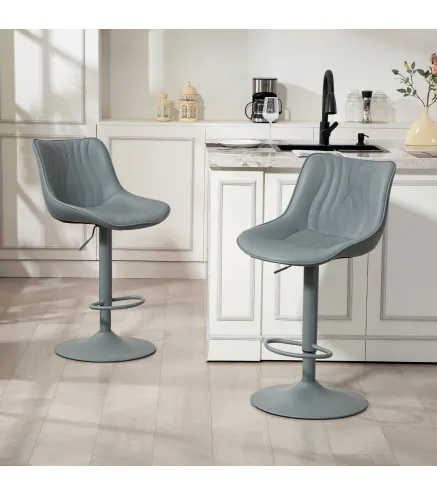 Juego de 2 Taburetes de Bar con Altura Ajustable Respaldo Asiento de Piel Sintética Marco de Acero y Reposapiés Gris