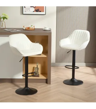 Juego de 2 Taburetes de Bar Giratorios Altura Ajustable 62-83 cm Tapizada en Terciopelo Respaldo y Reposapiés Crema