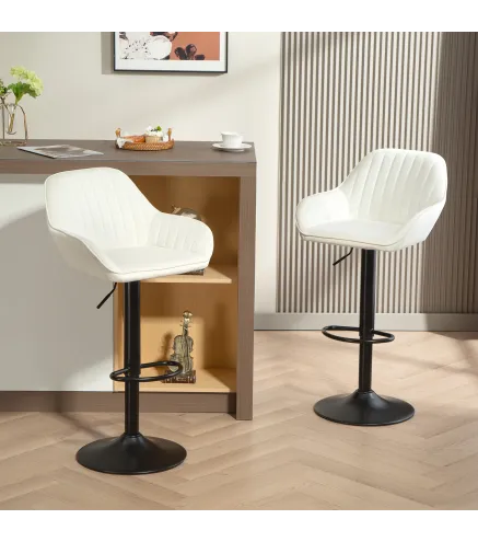 Juego de 2 Taburetes de Bar Giratorios Altura Ajustable 62-83 cm Tapizada en Terciopelo Respaldo y Reposapiés Crema