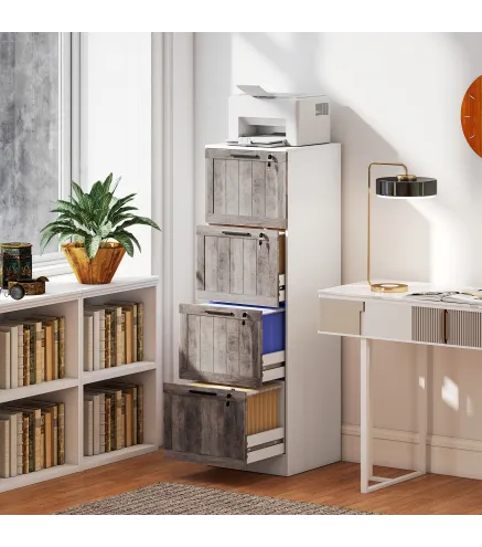 Cajonera de Escritorio con 4 Cajones Cerradura 2 Llaves Barras Colgantes para A4 Carta 39,4x40x129 cm Blanco y Madera