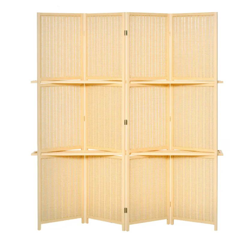 Biombo Separador de Ambientes Plegable de 4 Paneles con 2 Estantes Extraíbles para Dormitorio 180x180 cm Natural