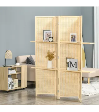 Biombo Separador de Ambientes Plegable de 4 Paneles con 2 Estantes Extraíbles para Dormitorio 180x180 cm Natural