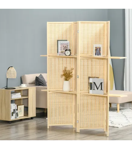 Biombo Separador de Ambientes Plegable de 4 Paneles con 2 Estantes Extraíbles para Dormitorio 180x180 cm Natural