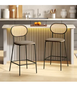 Juego de 2 Altos de Cocina con Respaldo de Ratán Asiento de PU Marco de Acero y Reposapiés Marrón