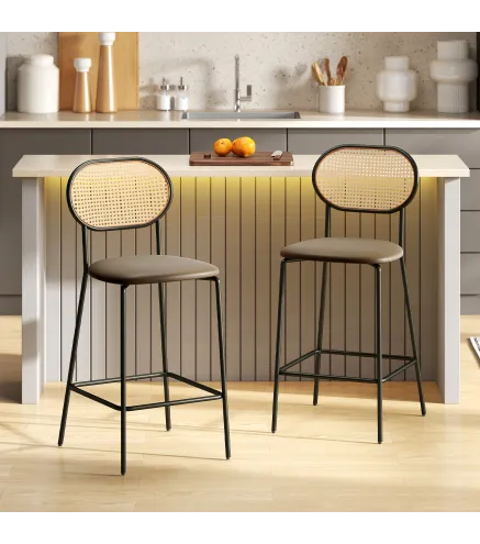 Juego de 2 Altos de Cocina con Respaldo de Ratán Asiento de PU Marco de Acero y Reposapiés Marrón