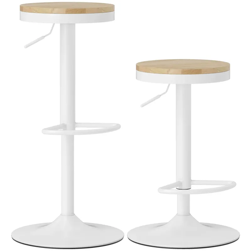 Juego de 2 Taburetes Altos de Cocina con Altura Ajustable Asiento de Madera Marco de Acero y Reposapiés Natural y Blanco