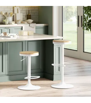 Juego de 2 Taburetes Altos de Cocina con Altura Ajustable Asiento de Madera Marco de Acero y Reposapiés Natural y Blanco