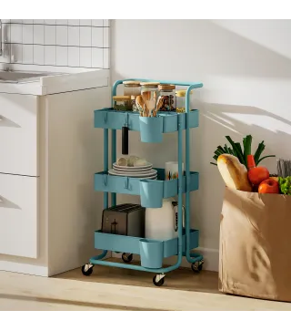 Carrito Auxiliar con Ruedas Carro de Almacenaje Multifuncional con Ganchos y Cajas Colgantes 42x38x86,5 cm Azul Verdoso