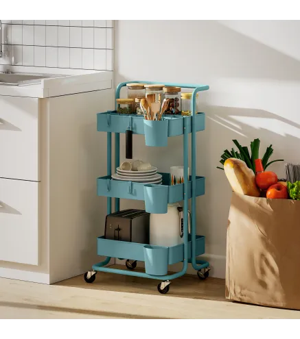 Carrito Auxiliar con Ruedas Carro de Almacenaje Multifuncional con Ganchos y Cajas Colgantes 42x38x86,5 cm Azul Verdoso
