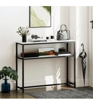 Consola Recibidor Estrecha con Superficie con Efecto Mármol Estante Abierto y Marco de Metal 100x30x81 cm Blanco