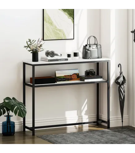 Consola Recibidor Estrecha con Superficie con Efecto Mármol Estante Abierto y Marco de Metal 100x30x81 cm Blanco