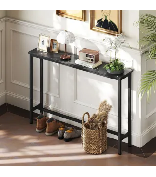 Consola Recibidor Estrecha con Superficie con Efecto Mármol y Marco de Metal 100x20x66 cm Negro