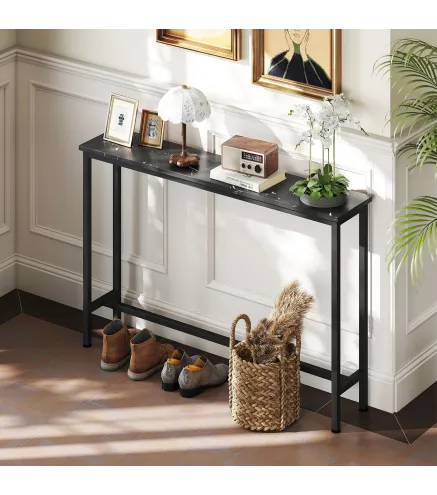 Consola Recibidor Estrecha con Superficie con Efecto Mármol y Marco de Metal 100x20x66 cm Negro