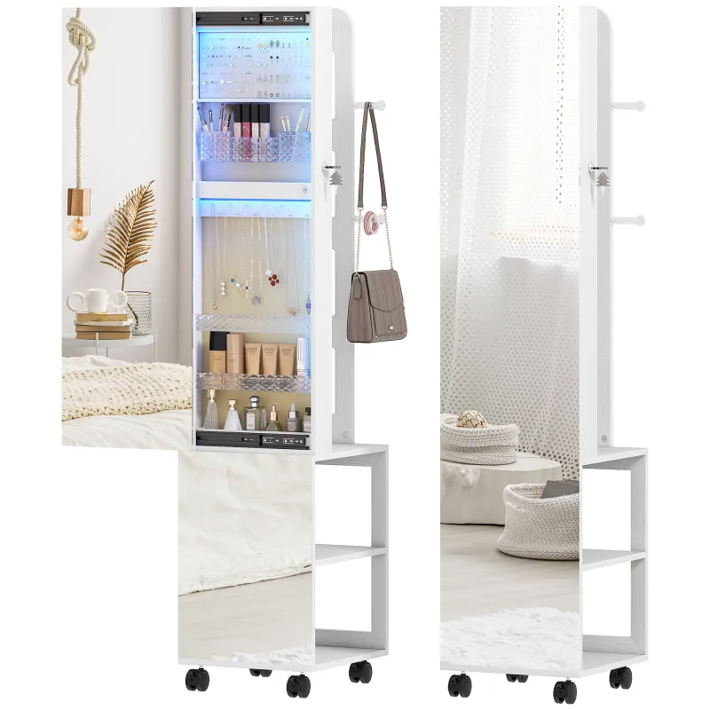 Espejo Joyero con Luces LED Armario para Joyas de Giro de 360° Cerradura y Llaves Superficie Blanco y Forro Beige