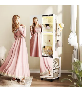 Espejo Joyero con Luces LED Armario para Joyas de Giro de 360° Cerradura y Llaves Superficie Blanco y Forro Beige