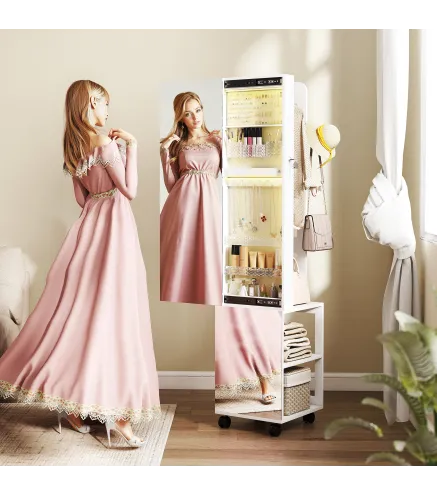 Espejo Joyero con Luces LED Armario para Joyas de Giro de 360° Cerradura y Llaves Superficie Blanco y Forro Beige