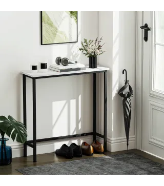 Consola Recibidor Estrecha con Superficie con Efecto Mármol y Marco de Metal 75x24x76 cm Blanco y Negro