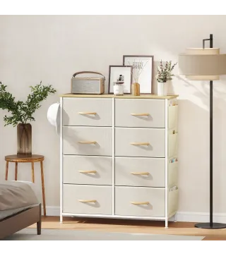 Cajonera de Tela Cómoda con 8 Cajones 4 Bolsillos Laterales 2 Ganchos y Estructura de Acero Beige