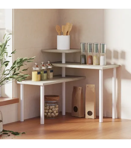 Estantería de Cocina de 3 Niveles con 3 Baldas Giratorias Marco de Metal y Diseño Escalonado para Comedor Salón Natural