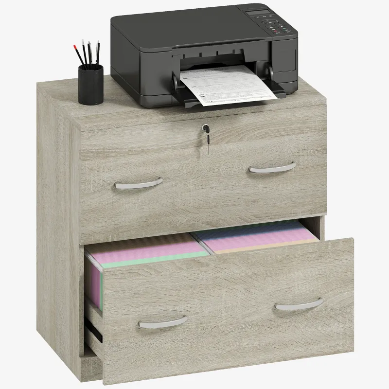 Cajonera de Escritorio con 2 Cajones con Guías para Carpetas Colgantes para A4 Cerradura y 2 Llaves 77x42x72 cm Natural