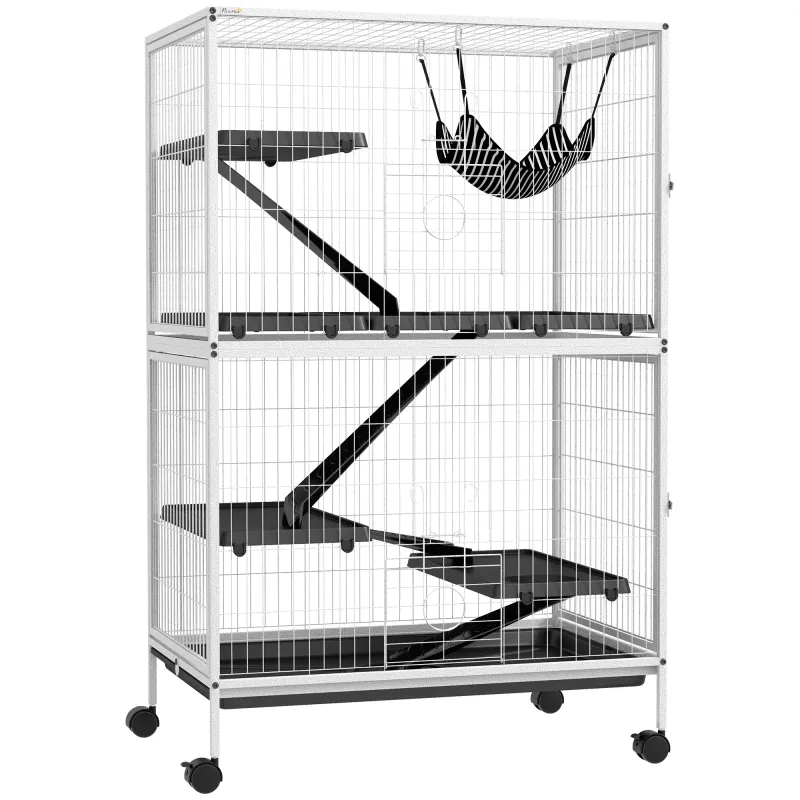 Jaula para Animales Pequeños con Ruedas Rampas Hamaca y Bandeja Extraíble para Chinchillas Hurones 80x52x128 cm Blanco