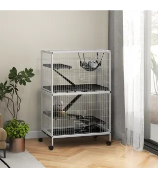 Jaula para Animales Pequeños con Ruedas Rampas Hamaca y Bandeja Extraíble para Chinchillas Hurones 80x52x128 cm Blanco