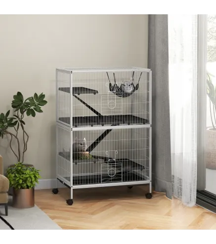 Jaula para Animales Pequeños con Ruedas Rampas Hamaca y Bandeja Extraíble para Chinchillas Hurones 80x52x128 cm Blanco