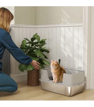 Arenero para Gatos de Acero Inoxidable XL con Borde Alto Pala Fácil de Limpiar Prueba de Fugas 60x40x29,5 cm Gris