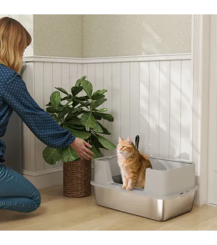 Arenero para Gatos de Acero Inoxidable XL con Borde Alto Pala Fácil de Limpiar Prueba de Fugas 60x40x29,5 cm Gris