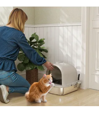 Arenero para Gatos de Acero Inoxidable con Cubierto Bolsa Desodorizante Pala Fácil de Limpiar 52,4x41,3x39,9 cm Gris