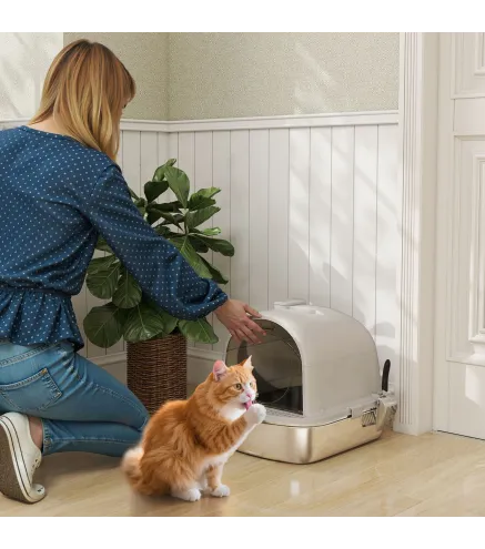 Arenero para Gatos de Acero Inoxidable con Cubierto Bolsa Desodorizante Pala Fácil de Limpiar 52,4x41,3x39,9 cm Gris