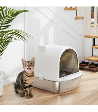 Arenero para Gatos de Acero Inoxidable con Cubierto Bolsa Desodorizante Pala Fácil de Limpiar 52,4x41,3x39,9 cm Blanco