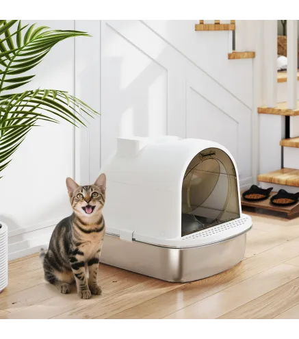 Arenero para Gatos de Acero Inoxidable con Cubierto Bolsa Desodorizante Pala Fácil de Limpiar 52,4x41,3x39,9 cm Blanco