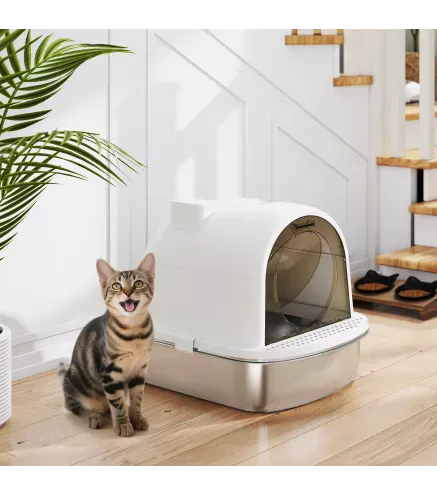 Arenero para Gatos de Acero Inoxidable con Cubierto Bolsa Desodorizante Pala Fácil de Limpiar 52,4x41,3x39,9 cm Blanco