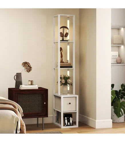 Lámpara de Pie Moderna con Estantes Abiertos Cajón de Tela e Interruptor de Pie para Dormitorio Sala de Estar Blanco