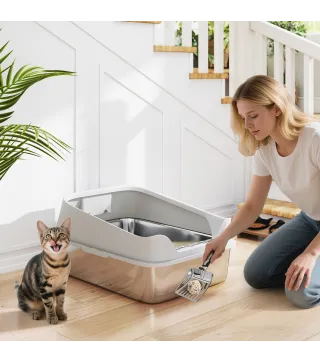 Arenero para Gatos de Acero Inoxidable XXL con Borde Alto Pala Fácil de Limpiar Prueba de Fugas 70x50x30 cm Gris