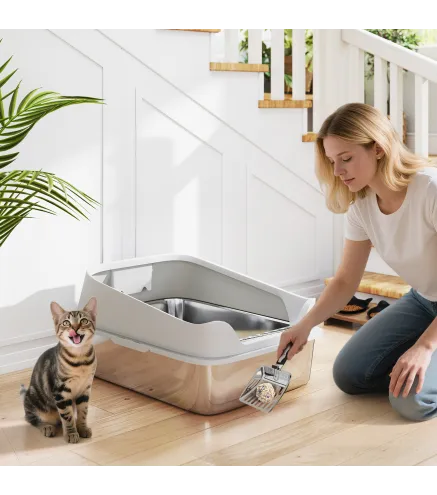 Arenero para Gatos de Acero Inoxidable XXL con Borde Alto Pala Fácil de Limpiar Prueba de Fugas 70x50x30 cm Gris