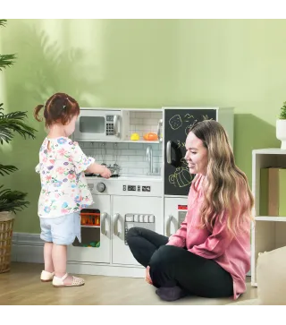 Cocina para Niños de +3 Años con Accesorios para Cocinar Pizarra Máquina de Hielo y Teléfono 83,8x26,8x81 cm Blanco