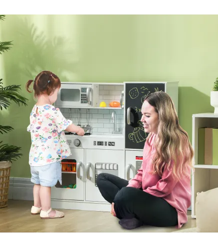 Cocina para Niños de +3 Años con Accesorios para Cocinar Pizarra Máquina de Hielo y Teléfono 83,8x26,8x81 cm Blanco